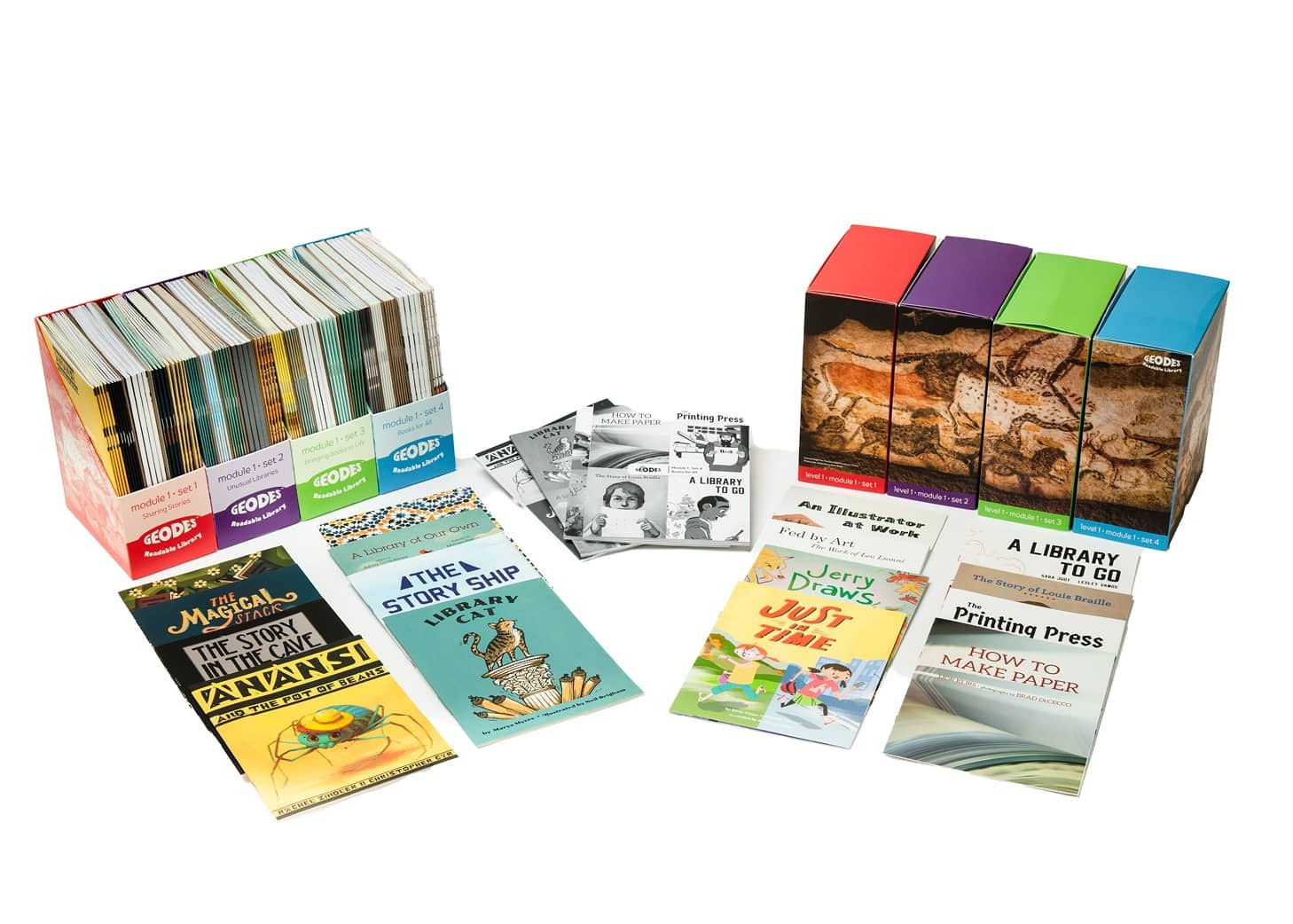 Classroom boxed sets of Geodes level 1 fiction and non-fiction texts.